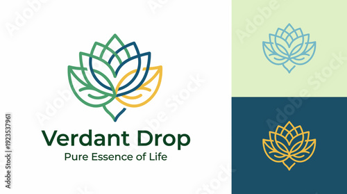 This image features a stylized drop and leaves, symbolizing purity and the essence of life, ideal for brands focused on natural products and sustainability.