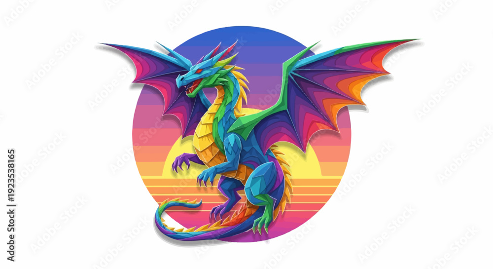 Obraz premium A colorful, geometric dragon with outstretched wings against a sunset background