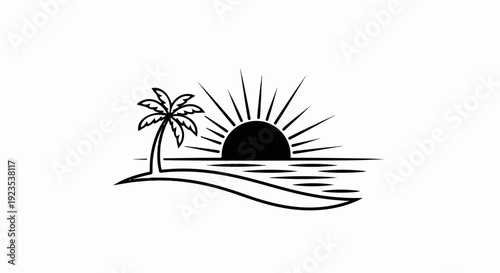 A stylized black and white depiction of a tropical island sunset over the ocean