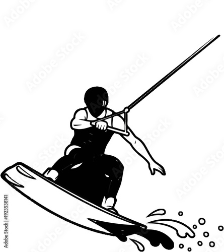 A stylized black and white drawing of a person wakeboarding