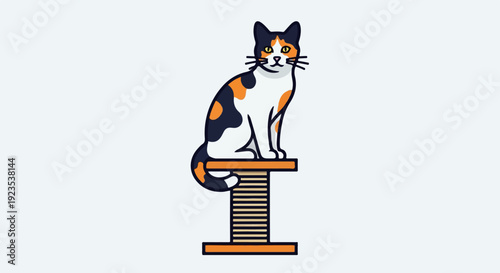A colorful calico cat sits attentively on a scratching post