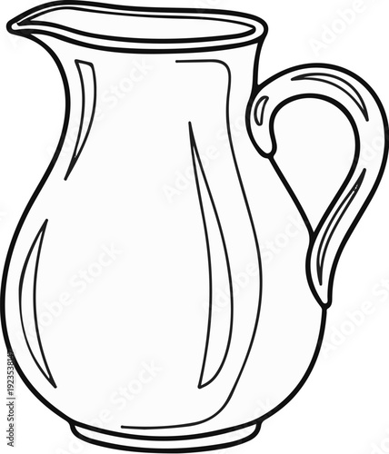 A stylized, black and white drawing of a classic pitcher with a curved handle