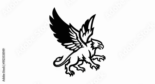 A stylized black and white drawing of a griffin in mid-flight, wings spread wide