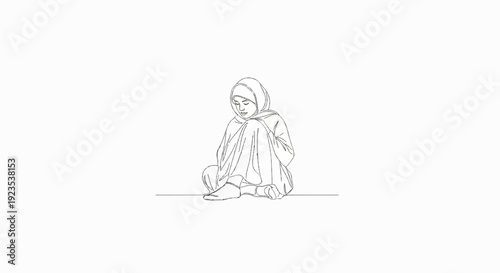 A minimalist line drawing of a young person in a headscarf, sitting with knees tucked
