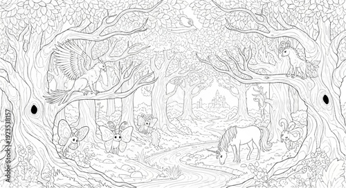 A magical forest scene with mythical creatures and a distant castle