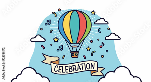 A colorful hot air balloon floats above a banner proclaiming "Celebration