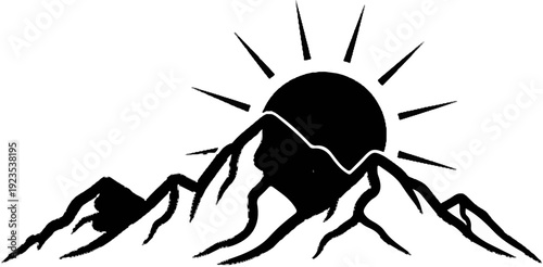 A stylized black and white graphic depicting a sun rising over jagged mountain peaks