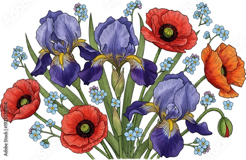 A colorful watercolor bouquet of iris, poppy, and forget-me-not flowers