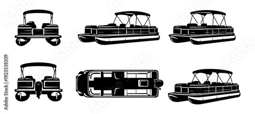 Pontoon Boat Multiple View Silhouette Set Vector Illustration