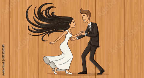 A couple dances joyfully against a rustic wooden background