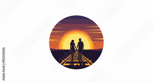 A couple walks hand-in-hand on train tracks toward a setting sun
