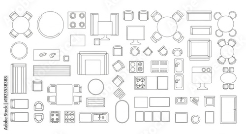 Architectural elements and furniture layouts for interior design projects.