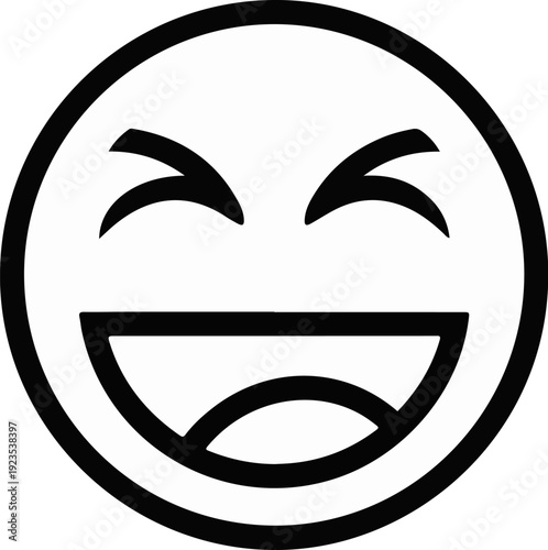 A simple black and white line drawing of a laughing face emoji