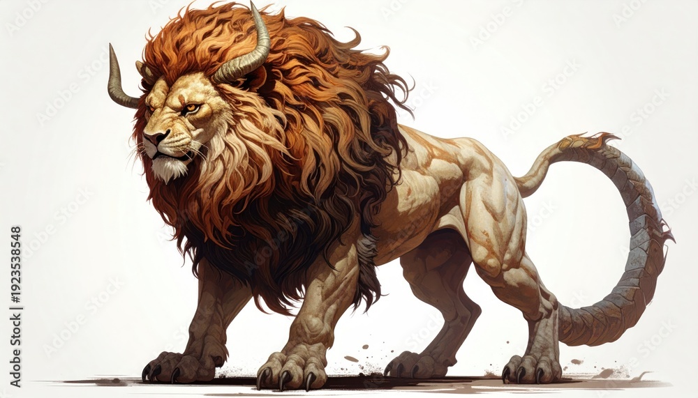 Obraz premium Majestic Lion-Bull Hybrid Creature with Powerful Musculature and Fierce Gaze.