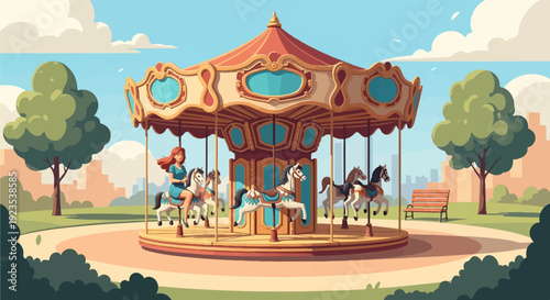 A whimsical carousel with painted horses and riders under a sunny sky