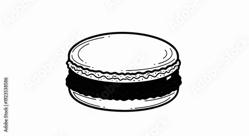 A whimsical black and white sketch of a layered pastry, evoking classic confectionery