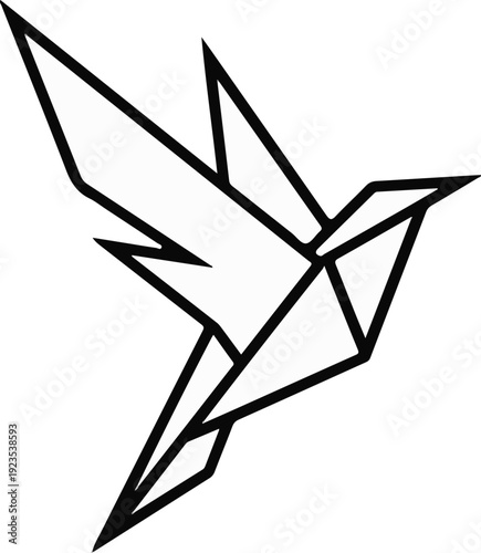 A geometric origami bird appears to be in flight, depicted in black and white