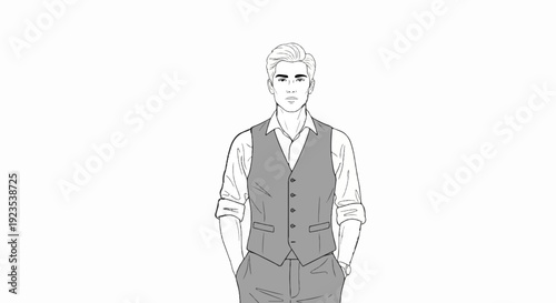 A man in a vest and collared shirt, hands in pockets, wearing a watch