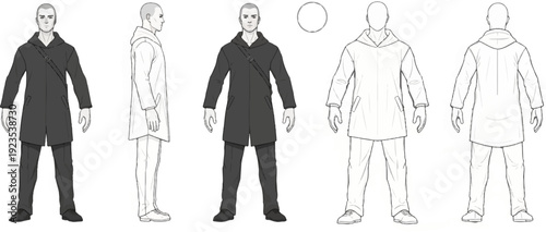 A male figure presented in multiple views, showcasing a long coat and trousers