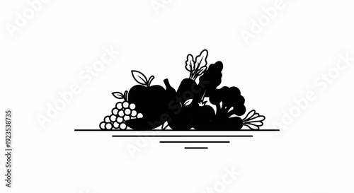 A stylized, black and white illustration of assorted fruits and vegetables