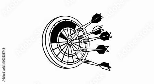 A dartboard with six darts stuck in its bullseye and surrounding segments