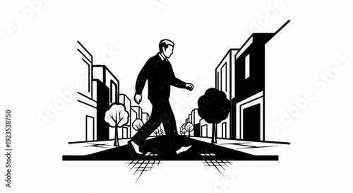 A man walks across a crosswalk between buildings and trees