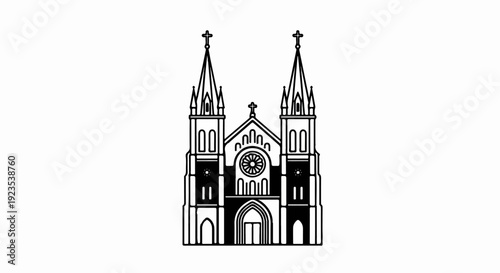 A gothic church with twin spires, rose window, and arched entrance