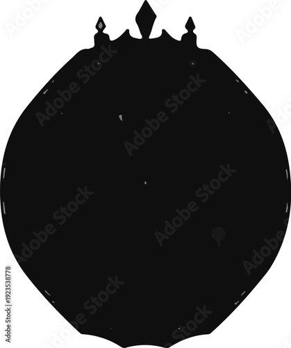 A dark, stylized, faceted shape with a crowned top, evoking royalty