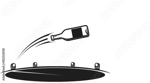 A dark silhouette of a bottle flies over spotlights on a stage