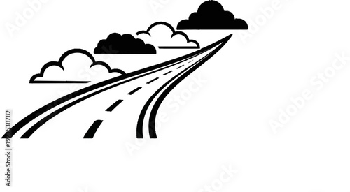 A stylized black and white image of a road leading into the clouds