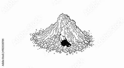 A stylized black and white ink drawing depicts a pile of granular material, possibly earth or sand, with a dark core