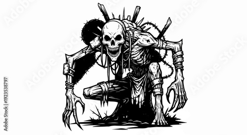 A menacing skeletal figure with tattered rags and barbed wire