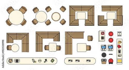 Top-down view of various restaurant furniture arrangements and layouts for seating.
