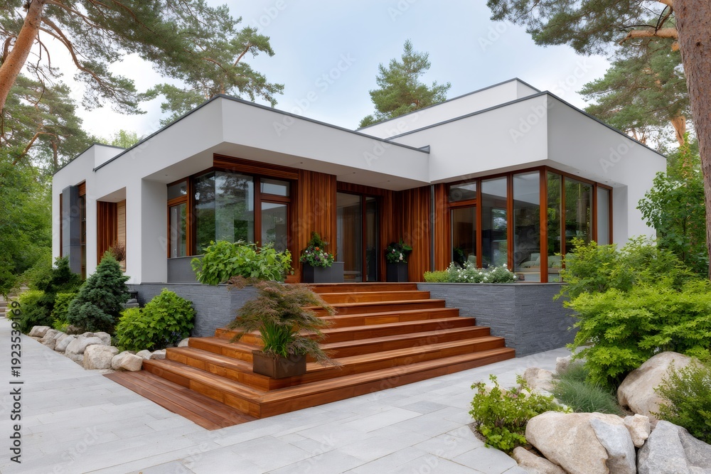 Fototapeta premium Modern luxury house with wooden terrace and large windows