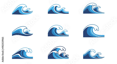 A collection of stylized ocean wave illustrations in shades of blue with white foamy crests