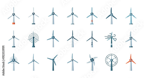 A collection of stylized wind turbine illustrations for energy and environmental concepts