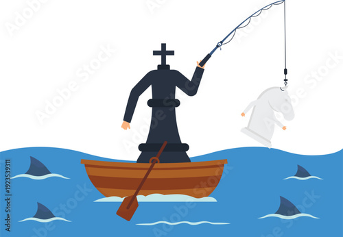 Chess Bishop fishing white Knight piece from wooden boat surrounded by shark fins symbolizing business strategy competitive risk management game theory flat design