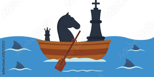 Chess pieces wooden boat ocean water shark fins business risk crisis management strategic planning corporate strategy leadership challenge danger metaphor rowing boat flat design