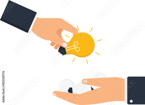 Hands exchanging glowing light bulb representing business idea and creative solution. Innovation concept showing knowledge transfer and successful strategy for new project using flat design.