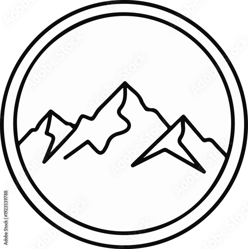 A minimalist black and white circular emblem depicting jagged mountain peaks