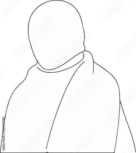 A minimal outline drawing of a figure wearing a hooded garment