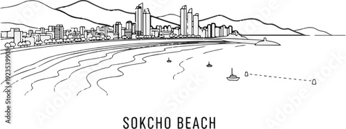 A minimalist line drawing depicts a coastal city with mountains behind it