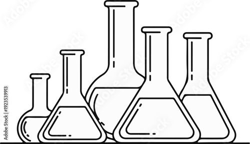 A minimalist line art illustration of assorted laboratory flasks filled with liquid