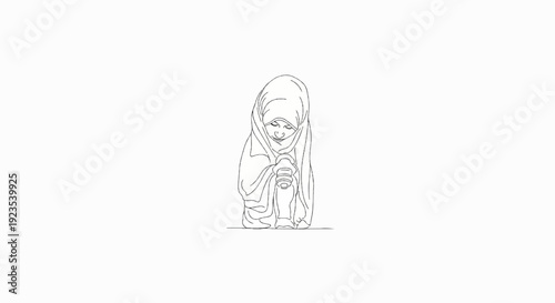 A minimalist line drawing of a figure in flowing robes holding a small object