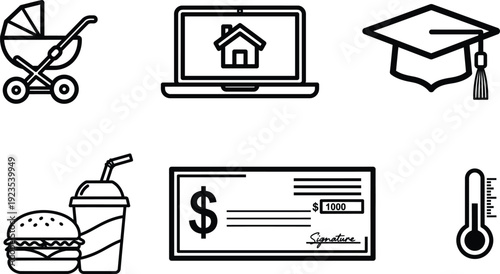 black and white icons of everyday objects and symbols  baby stroller to thermometer