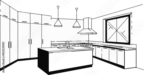 A minimalist line drawing of a modern kitchen with cabinets, an island, and a window
