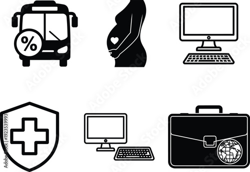black and white icons of business pregnancy travel and health