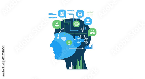 Artificial Intelligence Brain Processing Data Network. Human Head Silhouette with Cognitive, Digital, and Mental Health Icons.