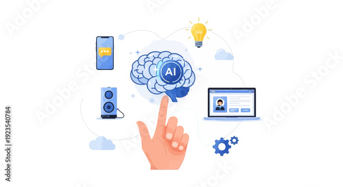 AI Ecosystem Integration: Hand Touching Brain Icon Connected to Smart Devices, Machine Learning, Automation, and Cloud Computing Technology.