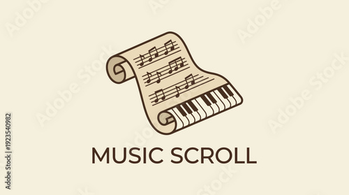 This logo presents a stylized music scroll intertwined with piano keys, representing creativity and the essence of music in an artistic representation perfect for musical brands.